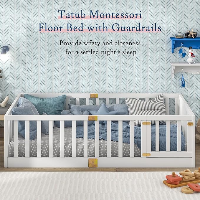 Tatub Twin Montessori Floor Bed with High Rails, Solid Wood Montessori Bed Frame for Kids, Door Can Install Left and Right, Twin-White