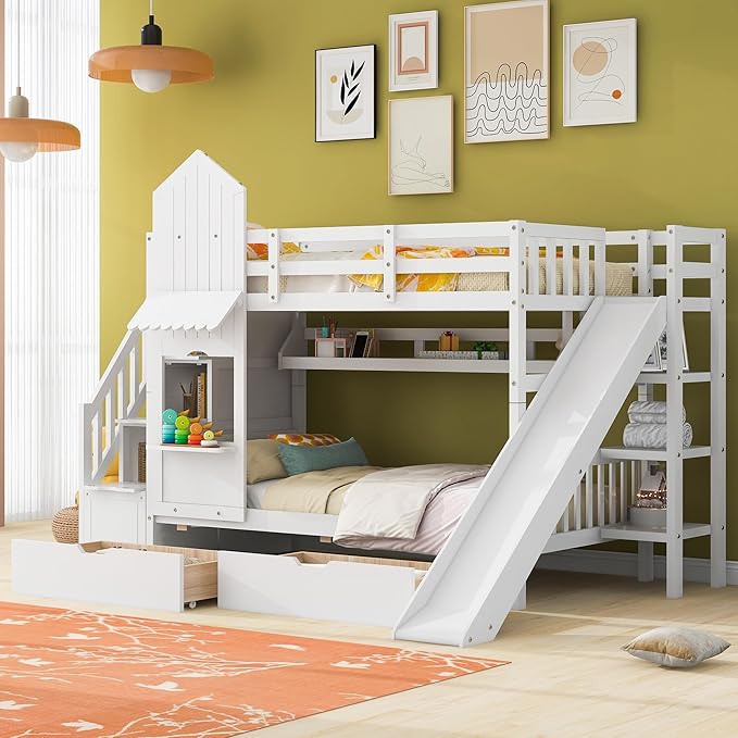 Twin-Over-Twin Castle Style Bunk Bed with 2 Drawers and 3 Shelves, Wood Bunk Bed Frame with Slide and Storage Staircase for Kids Teens Boys Girls, Maximize Space Savings