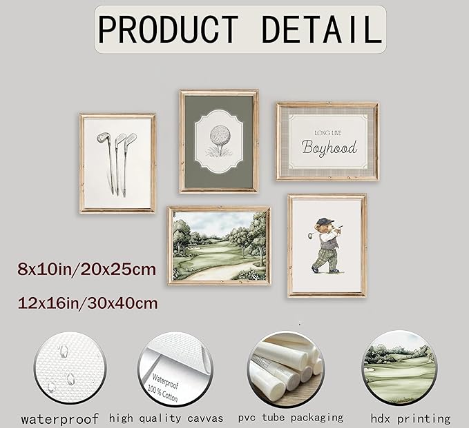 Vintage Golf Nursery Wall Art Retro Sport Kids Room Canvas Wall Decor Teddy Bear Pictures Sage Green Antique Posters Baby Animal Painting Print Artwork for Baby Boy Girl Room Playroom, Unframed