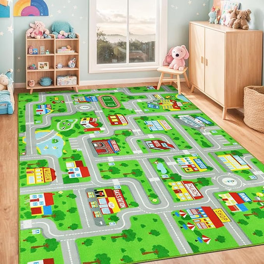 Kids Carpet Playmat Rug 6'6''x9'8'', Kids Rugs for Bedroom, Non-Slip Town City Road Map Car Rugs for Kids Toy Cars, Track Carpet Play Rug for Playroom Classroom Decor (Green)