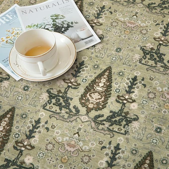 Tangsoo 2x6 Washable Runner Rug for Hallways, Non Slip Vintage Boho Green Floral Rug for Entryway Kitchen Laundry, Non Slip Soft Low Pile Indoor Rug for Bedroom Bathroom Beside