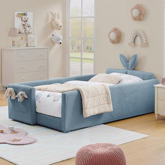 DEINPPA Twin Size Platform Bed Frame with Rabbit Ear Shaped Headboard and Pocket, Boucle Upholstered Bed Frame with Guardrail for Children Kids Boys Girls-Blue