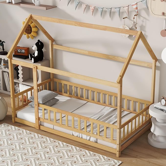 Ball & Cast Twin Size Floor Bed,Montessori Bed with Roof & Safety Guardrails Design,Wooden Toddler House Bed Frame W/Open Door,for Girls Boys,Natural