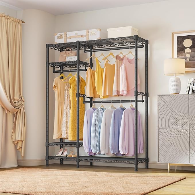 VIPEK Clothes Rack for Hanging Clothes, Heavy Duty Closet Rack with 4 Tiers Wire Shelving & 3 Hanging Rods, Free Standing Closet Wardrobe, 45" Lx16.5 Wx76.4 H, Max Load 700LBS, Black