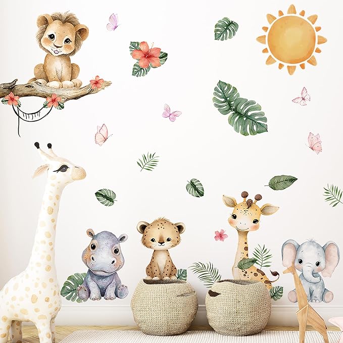 Animal Wall Decals,Animals Giraffe Lion Theme Art Wall Sticker Decors,Peel and Stick Elephants Giraffe Lion Decals for Kids Bedroom Nursery Playroom Library Living Room and Bedroom Decor