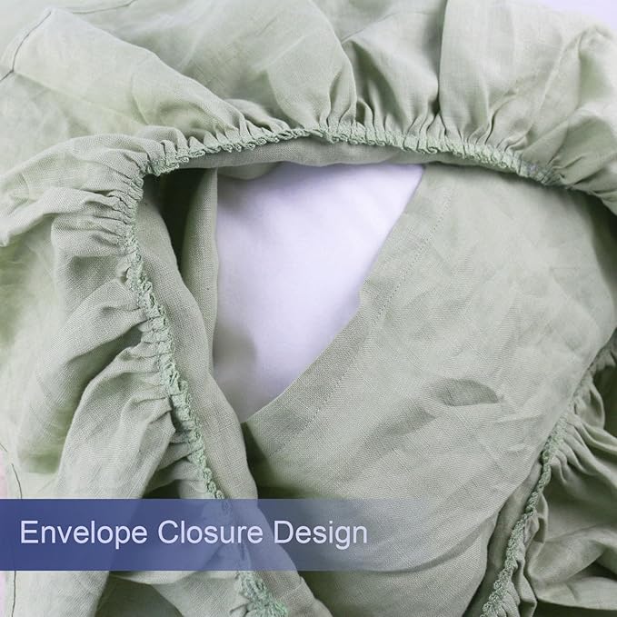 Bean Green Ruffles Linen Pillowcase, 100% French Linen Pillow Cover, Queen Size 1 Piece Farmhouse Shabby Chic Pillow Case, 20''x30'' Pillowcase with Decorative Ruffle Envelope Closure