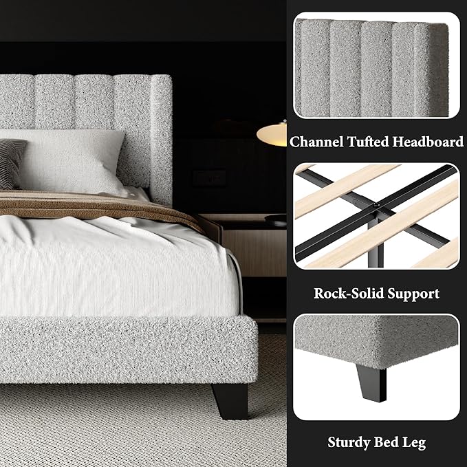 Queen Bed Frame with Headboard Upholstered Platform Bed Frame with Teddy Velvet Headboard, Wooden Slats Support/Wing Edge Design/No Box Spring Needed/Easy Assembly, Grey Queen