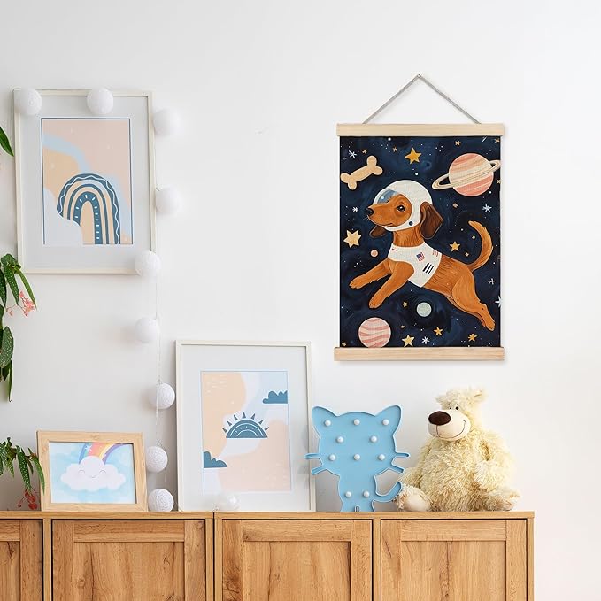 URLLUAE Astronaut Dog Space Wall Art Posters for Kids Room, Cute Outer Space Planet Poster Hanger Frame for Boys Bedroom Classroom Nursery Playroom Wall Decor, 12x16 Inch