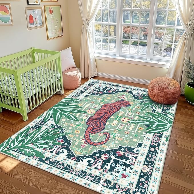 Area Rug Green 4x6 Tiger Rug Washable Non-Slip Boho Vintage Tropical Animal Print Jungle Rug for Bedroom Girls Room Hallway Soft Cozy Whimsical Woodland Carpet for Play Room Laundry Room