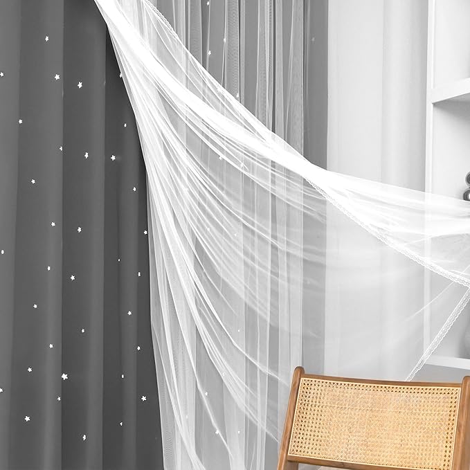 Kinryb Kids Blackout Curtains for Bedroom/Living Room/Classroom, Sheer Overlay 2 Panel Set, Double Layer Curtains with Star Cutout for Kids Room(Each Piece W 70 x L 72 Inches 2 Pcs Grey)