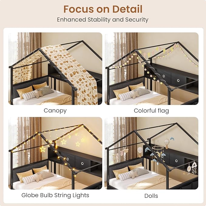 Hasuit Corner Twin House Bed Frame with Storage Drawers & Bookcase, House Shaped Metal Beds with Charging Station & LED Light, Corner Bed with Upholstered Headboard, Twin Size Bed for Kid Teens, Black