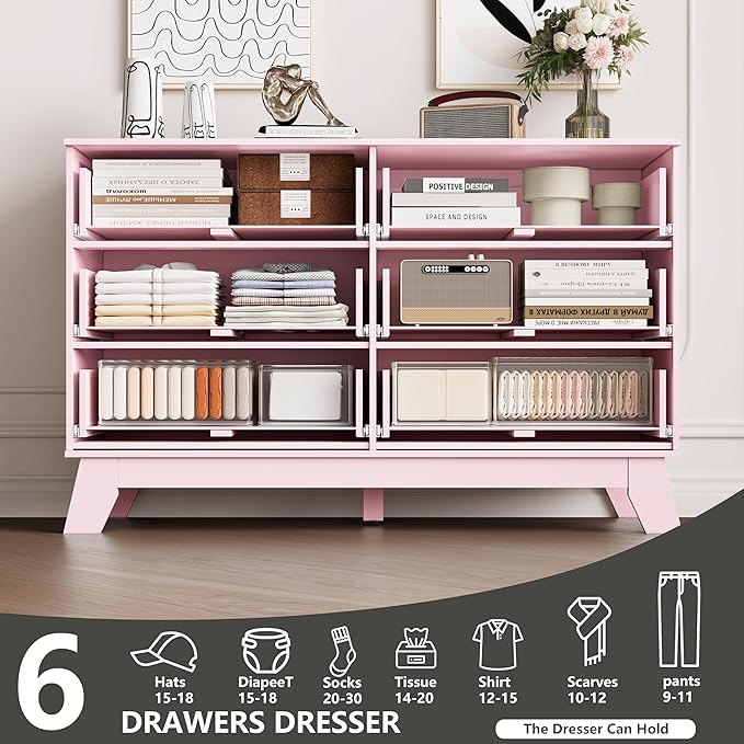 6 Drawer Dresser for Bedroom, Fluted Dressers Chest of Drawers with Gold Handle, Mid Century Modern Dresser for Closet, Wood Closet Storage Organizer Furniture for Bedroom, Living Room, Hallway, Pink