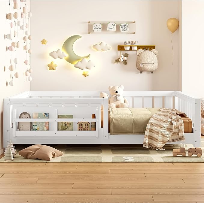 Bellemave Full Size Floor Bed with Slats and Safety Guardrail, Full Size Montessori Floor Bed with Fence and Built-in Bookshelf, Easy Assemble Montessori Beds for Kids, Girls, Boys, White