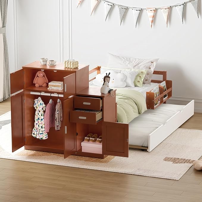 Merax Twin Size Corner Bed with Trundle and Drawers, Wooden Daybed Frame with Storage Cabinets, Bookshelves, and Safety Guardrail, Twin Bed Frame for Kids, Boys Girls, Easy Assembly,Walnut