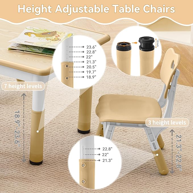 Kids Study Table and Chairs Set, Height Adjustable Toddler Table and Chair Set for Kids Ages 3-8, 31.5" L x 23.6" W Graffiti Desktop Plastic Children Art Table with 4 Seats, Brown