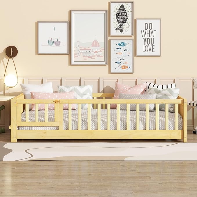 Floor Bed with Rails and Door Twin Size, Wood Montessori Floor Bed with Storage Bookcase, Kids Bed Frame with Fence for Boys Girls, Natural