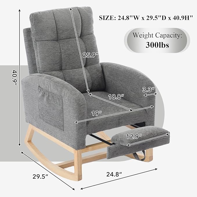 Nursery Rocking Chair, Polyester Upholstered Glider Chair with Footrest, Comfy Rocker Chair, Accent Chair with High Backrest, Glider Rocker, Armchair for Living Room (Gray Linen)