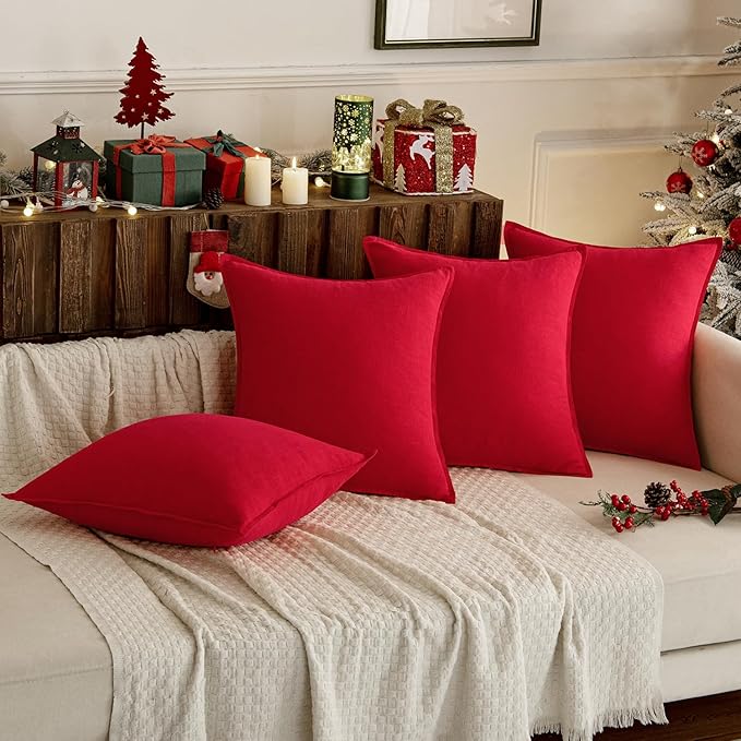 MIULEE Christmas Decorative Linen Pillow Covers 16x16 Inch Red Boho Farmhouse Neutral Couch Throw Pillows for Bed Pack of 2 Accent Modern Pillowcase Sofa Livingroom Home Decor