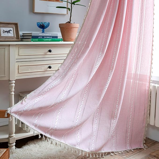 Deeprove Pink Boho Curtains 84 Inches Long for Bedroom Nursery, Privacy Bohemian Chic Textured Embroidery, Vintage Handmade Tassels Country Decor Drapery, Rod Pocket, 1 Panel W52 x L84, Blush