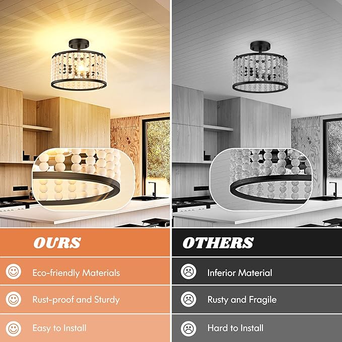 Farmhouse Boho Light Fixture - Wood Beaded Chandelier, Rustic Semi Flush Mount Ceiling Light, Black 2-Light Nursery Light Fixture for Kitchen Island Foyer Hallway Bedroom Living Room, E26 Base
