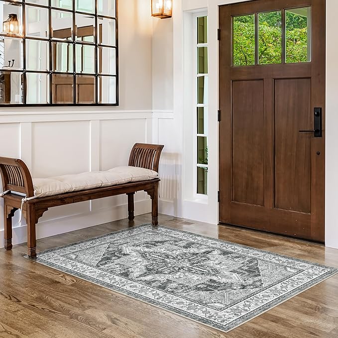 WITSHOCK Living Room Area Rugs 3x5: Washable Rug Boho Soft Non-Slip Low Pile Stain Resistant Foldable Carpet for Bedroom Playroom Dining Room Office Kitchen Foyer Entryway, Farmhouse Home Decor-Gray