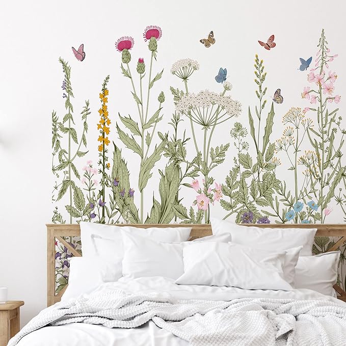 Zonon 6 Pcs Flowers Wall Decals Stickers Vinyl Removable Peel and Stick Colorful Dragonflies Floral Wall Murals Decor for Bedroom Living Room Nursery (Olive Green Flowers)