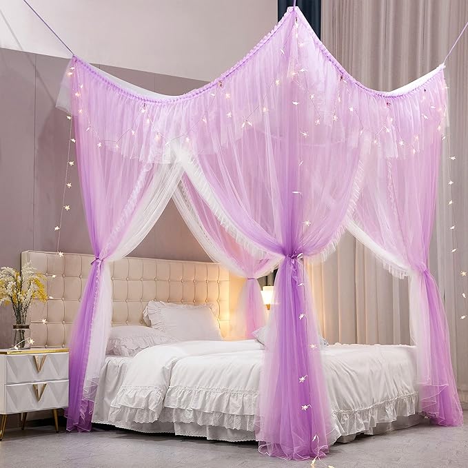 VETHIN 4 Corners Post Ruffle Princess Bed Canopy Curtain-Double Layer Cozy Drape Netting 4 Opening Mosquito Net for Girls Adults Bedroom Decoration (Double-Purple, 64" W*82" L*82"*H/(Queen))
