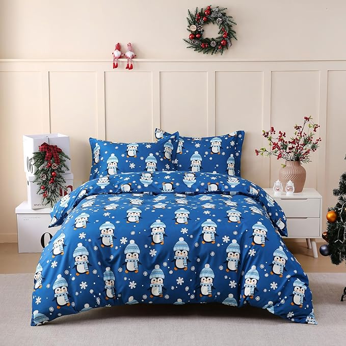 JSD Penguin Snowflakes Kids Christmas Duvet Cover Set Full Size, 3 Piece Xmas Comforter Cover with Pillow Sham Zipper Closure, Comforter Not Included
