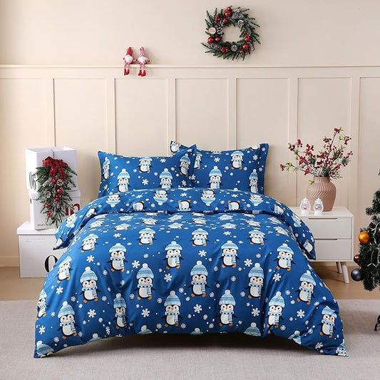 JSD Penguin Snowflakes Kids Christmas Duvet Cover Set Full Size, 3 Piece Xmas Comforter Cover with Pillow Sham Zipper Closure, Comforter Not Included