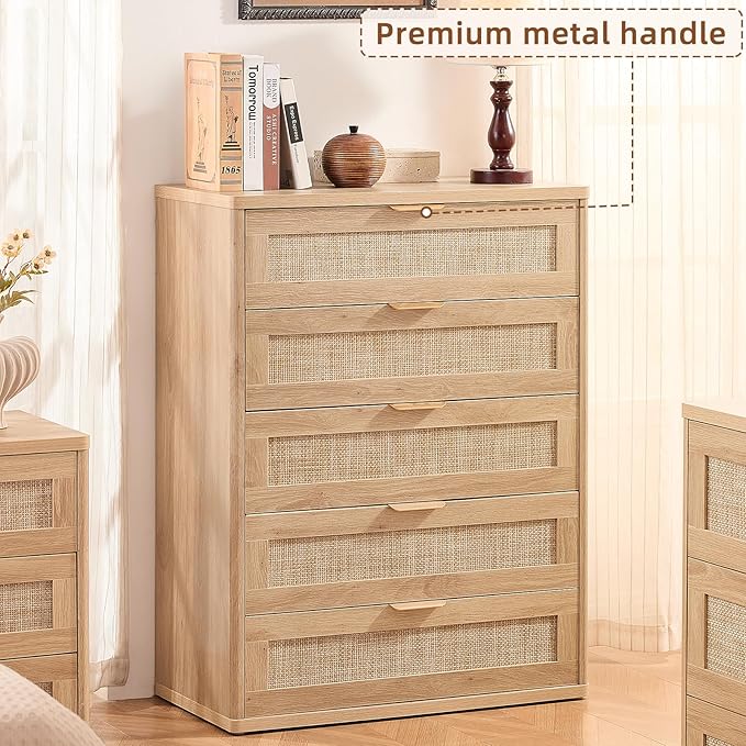 LEYAOYAO Rattan Dresser for Bedroom Set 2, 41" Tall Chest of Drawers, Modern 5 Drawers Boho Dressers with Storage, Light Oak Dresser Wooden Closet Organizer for Living Room, Hallway, Natural Wood