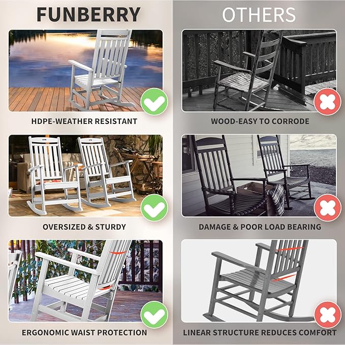 FUNBERRY Outdoor Rocking Chairs Set of 4, HDPE All Weather Poly Lumber Rocker, High Back Patio Rockers Easy Assembly