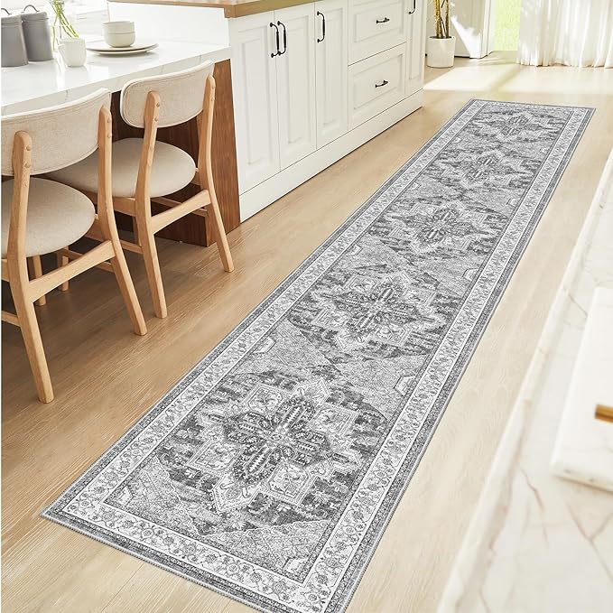 WITSHOCK Extra Long Runner Rug for Hallway 2x12: Washable Vintage Boho Low Pile Stain Resistant Foldable Carpet for Bedroom Kitchen Entryway Indoor Entrance Distressed Farmhouse Home Decor, Grey