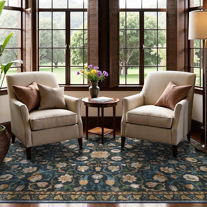Anidaroel Floral Print Area Rug 5x7, Washable Dark Green Rugs for Living Room, Non Slip Soft Large Rugs for Bedroom, Stain Resistant Dining Room Mat Indoor Floor Carpet for Dorm