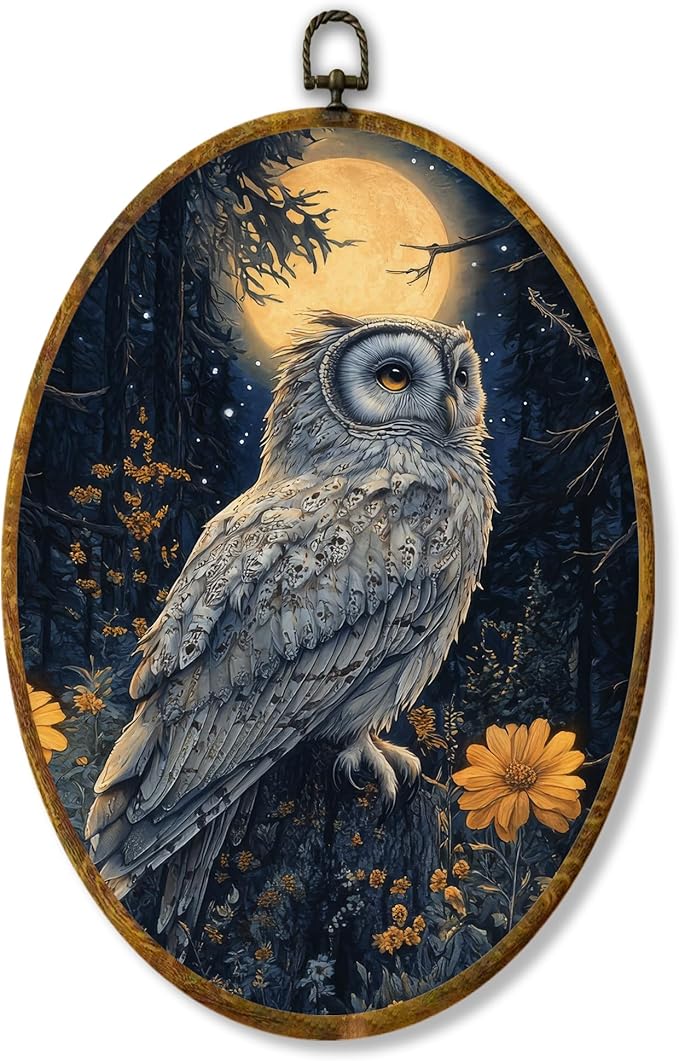 Hiuwevt Moonlight Floral Owl Oval Wall Art Decor, Dark Academia Cottagecore Framed Canvas Prints, Whimsical Gothic Owl Oval Wall Hanging Decor for Home Bedroom Decorations, 8.6x11.4 Inches