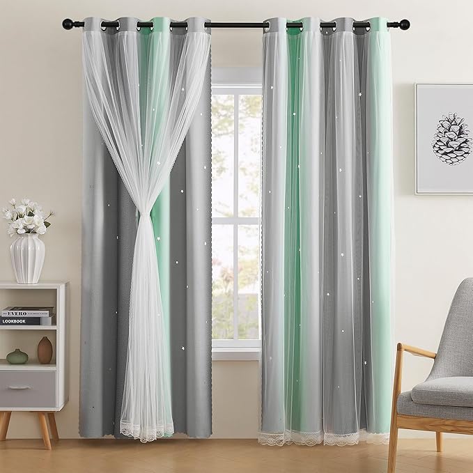 XiDi Green Grey Curtains for Girls Bedroom Decor Kids Blackout Curtains for Nursery Room Darkening Rainbow Princess Unicorn Wall Decals Little Girl Grommet Top 34x45 Inches Long 2 Panels Set