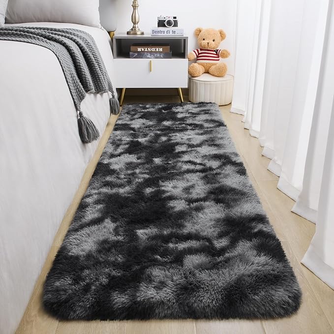 BENRON Soft Runner Rugs for Bedroom 2x6, Washable Long Runners for Hallway Entryway Kitchen Dorm, Fluffy Throw Rug for Kids Girls Room Decor Photo Prop, Tie-dye Black
