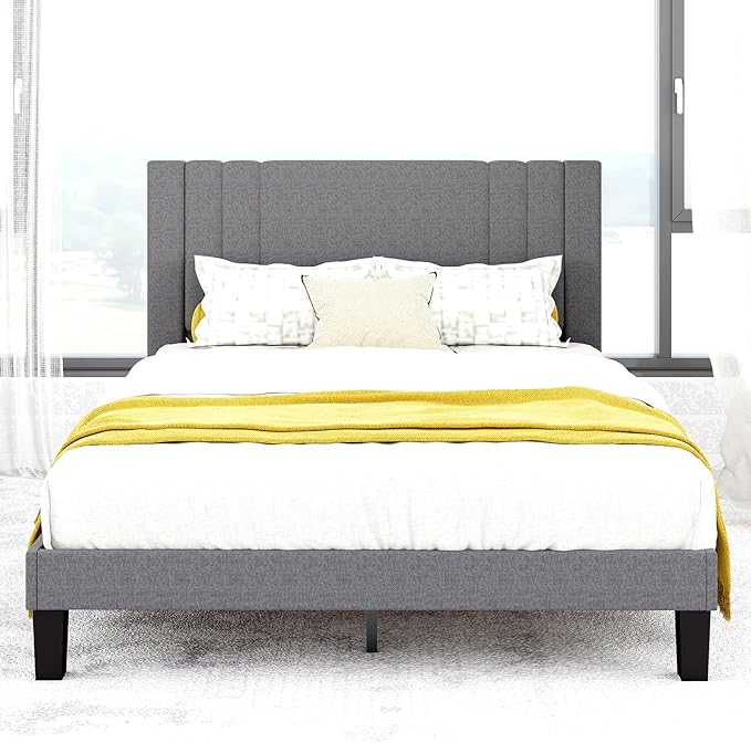 Tyndall Queen Size Bed Frame, Linen Fabric Upholstered Platform with Headboard