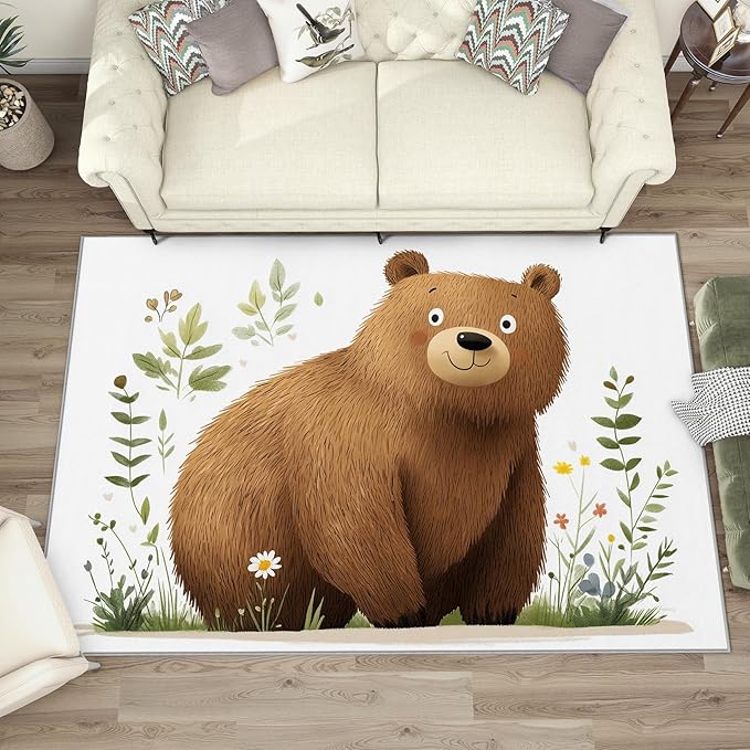 Bear Rug Kids - Brown Bear Area Rug 8x10 - Washable Non Slip Soft, Kawaii Cartoon Animal Rugs for Living Room Bedroom, Kids Boys Girls Carpet, Cute Animal Home Decor & Gifts