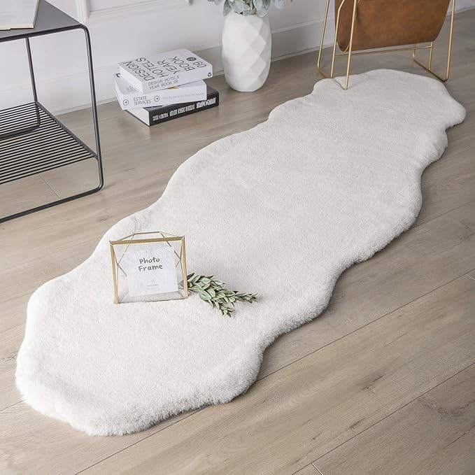 Ashler Faux Fur Rug, Upgraded Soft Faux Rabbit Fur White Area Rugs, 2 x 6 Feet, Machine Washable Nursery Decor Throw Rugs for Bedroom, Kids Room, Living Room