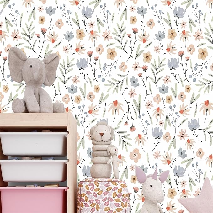 Boho Floral Wallpaper Wildflower Wall Paper Small Flower Wall Stickers Decor Botanical Floral Leaf Decals Peel and Stick Cute Flower Wallpaper for Kid Baby Room Girl Bedroom Decor