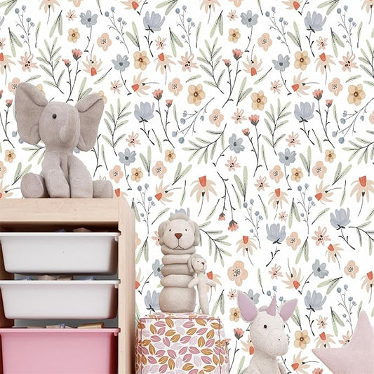 Boho Floral Wallpaper Wildflower Wall Paper Small Flower Wall Stickers Decor Botanical Floral Leaf Decals Peel and Stick Cute Flower Wallpaper for Kid Baby Room Girl Bedroom Decor