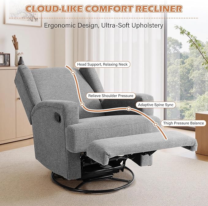 UIXE Swivel Glider Recliner Chair for Adults, Fabric High Back Accent Chair Nursery Rocker for Living Room, Upholstered Manual Reclining Sofa Seating with Deep Seat - Flax Gray