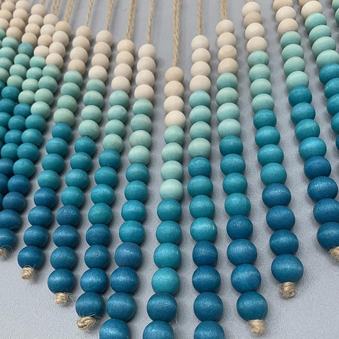 Boho Ombre Wood Bead Wall Hanging, Handmade Unique Giant Art Decor for Bedroom, Nursery, Living Room, or Entryway (V Coastal Blue Gradient, 24 Inches)