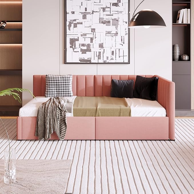Harper & Bright Designs Upholstered Daybed with 2 Storage Drawers Twin Size Sofa Bed Frame No Box Spring Needed, Linen Fabric (Pink)
