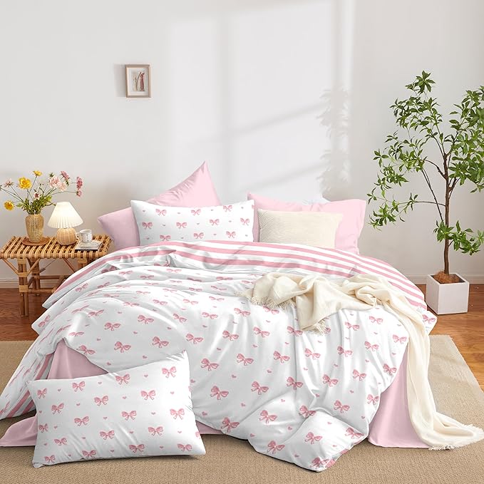Pink Bow Duvet Cover Queen Size Striped Bedding Set Kids Boys Girls 3 Pieces Princess Style Stripe Bowknot Reversible Coquette Soft Microfiber Duvet Cover Set with 2 Pillowcases