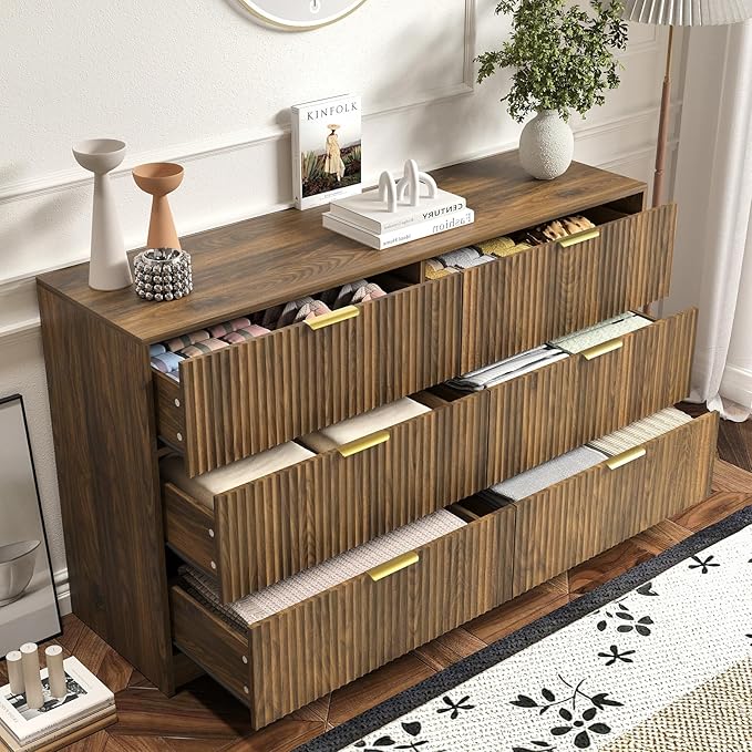 6 Drawers Fluted Dresser for Bedroom, 55" Wide Wooden Dresser with Deep Drawers, Large Floor Chest of Drawers, Modern Long TV Stand, Storage Cabinet Side Table, Walnut
