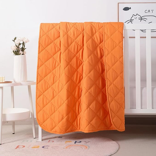 FLXXIE Machine Washable Microfiber Down Alternative Toddler Comforter, Super Soft and Lightweight Kids Crib Quilted Blanket for Stroller, Travel, 39x47 Inches, Orange