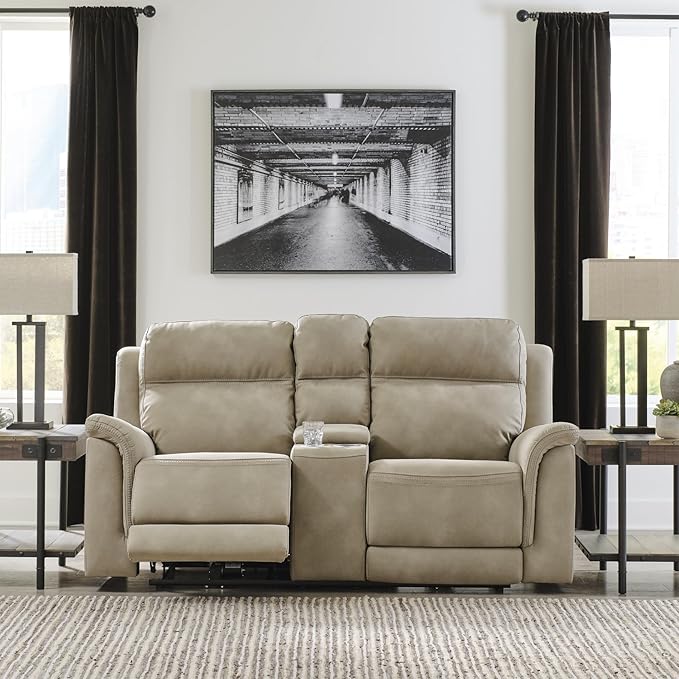 Signature Design by Ashley Next-Gen DuraPella Power Reclining Loveseat with Center Console and Adjustable Headrest, Beige