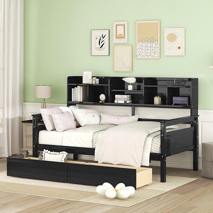 Harper & Bright Designs Twin Daybed with Storage, Wood Twin Size Bed Frame with Bookcase Headboard and 2 Drawers, Twin Sofa Bed with Shelves for Living Room Bedroom, No Box Spring Need, Espresso