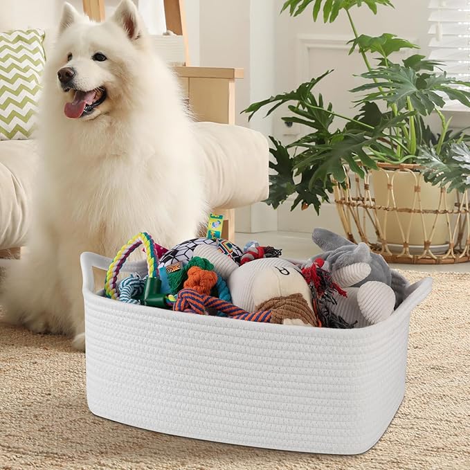 OIAHOMY 19L Woven Basket with Gift Bags and Ribbons, Gift Basket Empty for Baby Showers Birthday, Nursery Bin with Handles for Baby Room Living Room, Pet Toy Bins for Toy Organizer- White